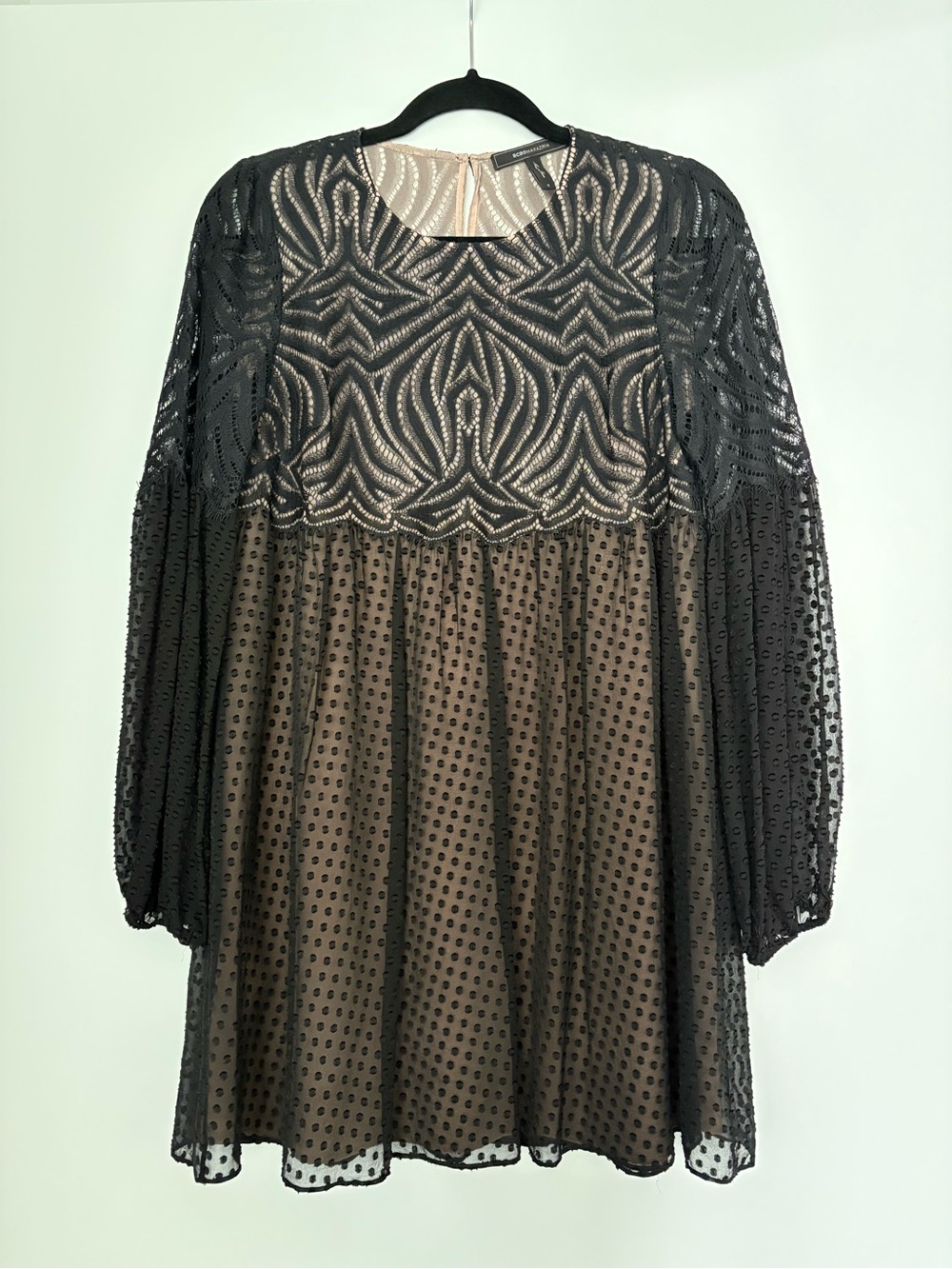 BCBG Max Azria Sheer Black Embroidered Dot Babydoll Dress